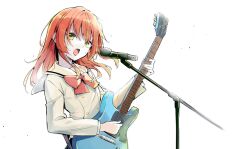 Rule 34 | 1girl, bocchi the rock!, bow, bowtie, brown jacket, flat chest, green eyes, guitar, holding, holding guitar, holding instrument, instrument, jacket, kita ikuyo, long hair, long sleeves, looking at viewer, meijin kusano, microphone, microphone stand, open mouth, red eyes, sailor collar, sidelocks, solo, standing, sweat, upper body, white background