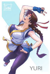 1girl artist_name blush braid braided_ponytail breasts brown_eyes brown_hair character_name commentary_request converse dougi fingerless_gloves gloves headband highres karate_gi large_breasts long_hair looking_at_viewer loose_socks martial_arts_belt open_mouth red_headband revision ryuuko_no_ken shoes simple_background single_braid smile sneakers snk socks solo spandex the_king_of_fighters tomo_eokaiteru very_long_hair yuri_sakazaki