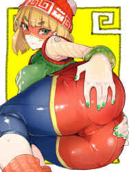 Rule 34 | 1girl, arms (game), ass, ass focus, ass grab, beanie, blonde hair, bracelet, breasts, domino mask, grabbing own ass, green eyes, green nails, hat, highres, jewelry, large breasts, mask, min min (arms), nail polish, orange shorts, short hair, short shorts, shorts, solo, sweat, takayama toshinori