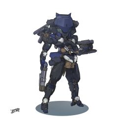 Rule 34 | absurdres, armored core, armored core 6, full body, gun, hand up, handgun, highres, holding, holding weapon, kusami toka naku au, looking at viewer, mecha, mecha focus, mechanical parts, no humans, robot, simple background, standing, steel haze ortus, weapon, white background