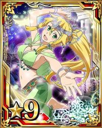 Rule 34 | 10s, 1girl, arm up, barefoot, blonde hair, breasts, card (medium), cleavage, feet, gauntlets, green eyes, hair between eyes, hair ornament, high ponytail, leafa, leg up, long hair, looking at viewer, medium breasts, midriff, navel, open mouth, pointy ears, side ponytail, solo, star (symbol), sword art online