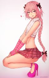 Rule 34 | 1boy, astolfo (fate), black bow, bluefield, blush, bow, braid, braided ponytail, commentary request, crop top, fang, fate/grand order, fate (series), from side, full body, gradient background, hair bow, hair ribbon, heart, high heels, highres, long hair, looking at viewer, male focus, microskirt, midriff, multicolored hair, open mouth, pink footwear, pink hair, plaid, plaid skirt, pleated skirt, red skirt, ribbed sweater, ribbon, shoes, single braid, sitting, skirt, smile, solo, squatting, stiletto heels, streaked hair, sweat, sweater, trap, turtleneck, very long hair, watermark, web address, white sweater