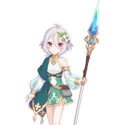 Rule 34 | 1girl, antenna hair, bag, bare shoulders, breasts, bridal gauntlets, child, detached sleeves, dress, elf, flower, hair between eyes, hair flower, hair ornament, halter dress, halterneck, highres, holding, holding polearm, holding weapon, kokkoro (princess connect!), medium hair, official art, pelvic curtain, pointy ears, polearm, princess connect!, puffy sleeves, red eyes, short hair, silver hair, small breasts, spear, tachi-e, thighs, transparent background, weapon, white hair