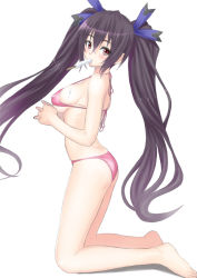 Rule 34 | 10s, 1girl, ass, barefoot, bikini, black hair, breasts, brown eyes, covered erect nipples, food, kneeling, large breasts, long hair, looking at viewer, mouth hold, muffin (sirumeria), neptune (series), noire (neptunia), popsicle, red bikini, sideboob, simple background, skindentation, solo, strap gap, swimsuit, twintails, underboob, very long hair, white background