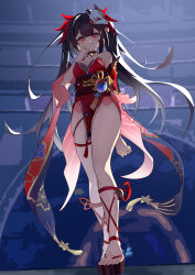 Rule 34 | 1girl, absurdres, bare shoulders, bell, black choker, black hair, black sash, choker, commentary request, detached sleeves, dress, facial mark, fox mask, full body, highres, honkai: star rail, honkai (series), jingle bell, looking at viewer, mask, mask on head, neck bell, obi, red dress, red eyes, sash, short sleeves, smile, solo, sparkle (honkai: star rail), standing, thighs, twintails, zaoshang yibei qing gan puer