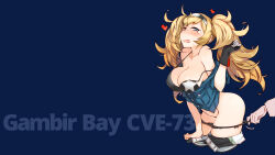 Rule 34 | 1girl, 1other, black bra, black panties, blonde hair, blue background, blue eyes, blue shirt, blush, bra, breast pocket, breasts, character name, cleavage, clothes pull, collared shirt, commentary request, gambier bay (kancolle), gloves, hair between eyes, hairband, heart, highres, kantai collection, kusanagi tonbo, large breasts, long hair, off shoulder, open mouth, panties, panty pull, photoshop (medium), pocket, shirt, short sleeves, shorts, shorts pull, simple background, single glove, solo focus, star (symbol), star print, strap slip, tears, thighs, twintails, underwear