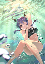 Rule 34 | 1girl, air bubble, arknights, arm up, armpits, bad anatomy, bare arms, bare legs, bare shoulders, bikini, black bikini, blue hair, breasts, bubble, ch&#039;en (arknights), ch'en (arknights), commentary request, dragon horns, feet out of frame, female tourist c (arknights), hair between eyes, hand up, horns, knees together feet apart, large breasts, light rays, long hair, looking at viewer, official alternate costume, one eye closed, open mouth, red eyes, solo, stomach, swimsuit, thighs, underwater, yamahara