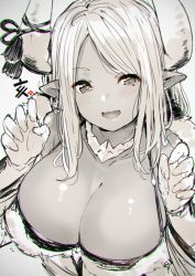 Rule 34 | 1girl, bare shoulders, blush, breasts, chromatic aberration, claw pose, cleavage, collarbone, dark-skinned female, dark skin, draph, fang, fur trim, gloves, granblue fantasy, grey background, haruken, horns, jewelry, kumbhira (granblue fantasy), large breasts, long hair, looking at viewer, monochrome, necklace, open mouth, parted bangs, pointy ears, simple background, sketch, smile, solo, spot color, upper body