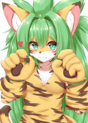 Rule 34 | 1girl, :3, animal ears, animal nose, bad id, bad pixiv id, blush, breasts, closed mouth, fang, fang out, fox ears, fox girl, furry, furry female, green eyes, green hair, highres, horokusa (korai), long hair, looking at viewer, nude, original, small breasts, smile, solo, spiked hair, tail, tiger ears, tiger girl, tiger tail