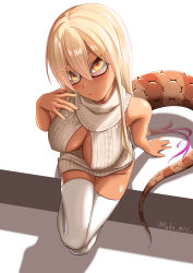 Rule 34 | 1girl, :/, alternate costume, bespectacled, black-framed eyewear, blonde hair, breasts, center opening, closed mouth, covered erect nipples, downblouse, fingernails, from above, glasses, hair between eyes, hand rest, hand up, head tilt, highres, kashisu mint, kemono friends, king cobra (kemono friends), large breasts, long hair, looking at viewer, meme attire, multicolored hair, orange eyes, paid reward available, parted bangs, pink hair, ribbed sweater, semi-rimless eyewear, shiny skin, sitting, sleeveless, sleeveless sweater, snake tail, solo, sweater, tail, tan, thighhighs, tsurime, twitter username, two-tone hair, under-rim eyewear, very long hair, virgin killer sweater, white thighhighs