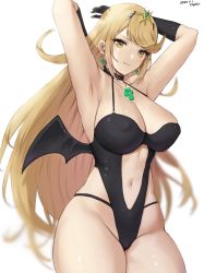 Rule 34 | 1girl, alternate costume, armpits, arms up, bat wings, black one-piece swimsuit, blonde hair, breasts, clothing cutout, covered erect nipples, highres, large breasts, long hair, mythra (xenoblade), navel, one-piece swimsuit, solo, stomach, swimsuit, thighs, tiara, very long hair, wings, xenoblade chronicles (series), xenoblade chronicles 2, yamamori kinako, yellow eyes