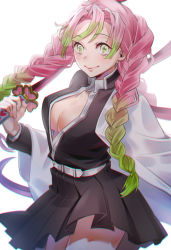 Rule 34 | 1girl, black jacket, black shirt, black skirt, braid, breasts, cleavage, closed mouth, collared shirt, cowboy shot, cst, dress shirt, gradient hair, green eyes, green hair, hair intakes, highres, holding, holding sword, holding weapon, jacket, kanroji mitsuri, kimetsu no yaiba, long hair, looking at viewer, medium breasts, miniskirt, mole, mole under eye, multicolored hair, open clothes, open jacket, pink hair, pleated skirt, shirt, simple background, skirt, smile, solo, standing, sword, twin braids, very long hair, weapon, white background, wing collar