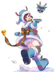 Rule 34 | 1girl, :d, antlers, bad id, bad twitter id, bell, belt, belt pouch, black-framed eyewear, blue dress, blue footwear, blue gloves, blue hat, blush, boots, bow, brown eyes, brown hair, capelet, christmas, dress, drone, floating, fur-trimmed boots, fur-trimmed gloves, fur trim, glasses, gloves, hand up, hat, highres, horns, looking at viewer, machinery, matching hair/eyes, mei (overwatch), open mouth, overwatch, overwatch 1, perio 67, pom pom (clothes), pouch, reindeer antlers, ribbon, robot, santa costume, santa hat, semi-rimless eyewear, simple background, smile, snow, snowball (overwatch), solo, standing, standing on one leg, swept bangs, white background
