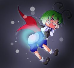 Rule 34 | &gt; &lt;, 1girl, :d, > <, antennae, cape, closed eyes, glowing, gradient background, green hair, open mouth, shinapuu, short hair, shorts, sketch, smile, solo, touhou, wriggle nightbug, xd