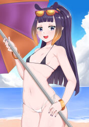 1girl absurdres beach_umbrella bikini black_bikini blue_eyes blue_sky blunt_bangs drawfag eyewear_on_head fang flat_chest gradient_hair high_ponytail highres holding holding_umbrella hololive hololive_english long_hair micro_bikini mole mole_under_eye multicolored_hair navel ninomae_ina&#039;nis ocean open_mouth orange_hair outdoors pointy_ears purple_hair purple_nails side-tie_bikini_bottom sidelocks sky smile solo sunglasses swimsuit umbrella very_long_hair virtual_youtuber white_bikini