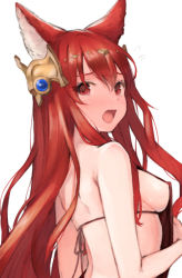 Rule 34 | 1girl, animal ears, anthuria, bad id, bad pixiv id, bare arms, bare shoulders, breasts, erune, granblue fantasy, hair between eyes, hair ornament, koretsuki azuma, long hair, looking at viewer, meme attire, red eyes, red hair, sideboob, simple background, small breasts, solo, virgin killer sweater, white background