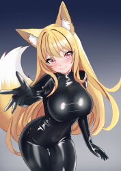 Rule 34 | 1girl, absurdres, animal ear fluff, animal ears, black bodysuit, blonde hair, blush, bodysuit, breasts, elbow gloves, fox ears, fox girl, gloves, highres, large breasts, latex, latex bodysuit, latex gloves, long hair, looking at viewer, original, reaching, reaching towards viewer, red eyes, shiny clothes, simple background, skin tight, smile, solo, uma (uma mohumohu)