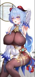 Rule 34 | 1girl, absurdres, ahoge, arm up, armpits, bare shoulders, bell, black gloves, black pantyhose, blue hair, bodystocking, breasts, chinese knot, commentary request, covered erect nipples, detached sleeves, feet out of frame, feifu, flower knot, ganyu (genshin impact), genshin impact, gloves, gold trim, high-waist skirt, highres, horns, large breasts, long hair, looking at viewer, neck bell, open mouth, pantyhose, purple eyes, sitting, skirt, solo, tassel, thighlet, thighs, very long hair, vision (genshin impact), white background, white skirt