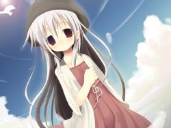 Rule 34 | blush, cardigan, cloud, day, dress, feathers, hat, highres, lens flare, long hair, shiro, shiro (octet), sky, solo, white hair