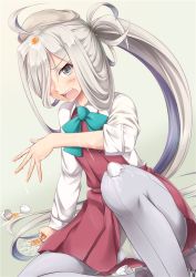 Rule 34 | 10s, 1girl, ahoge, asashimo (kancolle), blouse, blush, bow, bowtie, dress, egg, food, food on head, grey eyes, hair over one eye, hat, ichikawa feesu, kantai collection, long hair, long sleeves, looking at viewer, multicolored hair, object on head, open mouth, panties, panties under pantyhose, pantyhose, pantyshot, ponytail, purple hair, purple pantyhose, school uniform, shirt, silver hair, sitting, skirt, sleeveless, sleeveless dress, sleeves rolled up, solo, teeth, underwear, wet, white shirt