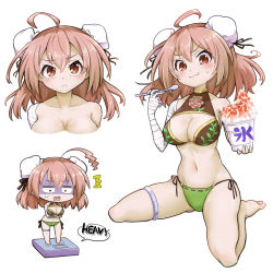 Rule 34 | 1girl, :&lt;, :i, adapted costume, ahoge, bandaged arm, bandages, bikini, blush, breasts, brown bikini, brown eyes, bun cover, chibi, cleavage, closed mouth, commentary request, double bun, eating, food, full body, futa (nabezoko), green bikini, hair bun, holding, holding spoon, ibaraki kasen, large breasts, looking at viewer, medium hair, mismatched bikini, multiple views, navel, open mouth, pink hair, shaded face, shaved ice, side-tie bikini bottom, simple background, sitting, spoon, swimsuit, touhou, wariza, weighing scale, weight conscious, white background
