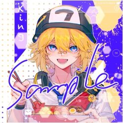 1boy aotu_world bandaid bandaid_on_face bandaid_on_nose bento black_hat blonde_hair blue_eyes blue_necktie border character_name chinese_commentary chopsticks commentary_request food food_art hair_between_eyes hat headphones headphones_around_neck holding holding_bento holding_chopsticks king_(aotu_world) lowres male_focus necktie open_mouth sample_watermark shirt short_hair short_sleeves smile solo tako-san_wiener too_many_watermarks upper_body watermark white_border white_shirt xuanyuan