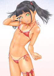 Rule 34 | 1girl, bikini, black hair, bridal garter, commentary request, flat chest, green eyes, highres, looking at viewer, navel, open mouth, original, red bikini, side-tie bikini bottom, smile, solo, swimsuit, tan, tanline, twintails, uzuki mei, v