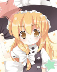 Rule 34 | 1girl, blonde hair, blush, female focus, frills, hand on headwear, hat, kirisame marisa, long hair, looking at viewer, omiso, omiso (omiso), smile, solo, star (symbol), touhou, witch hat, yellow eyes