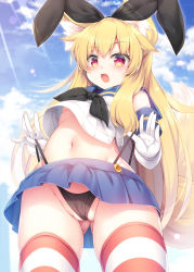 Rule 34 | 1girl, :3, :o, animal ear fluff, animal ears, black neckerchief, black panties, blonde hair, blue sailor collar, blue skirt, blue sky, blush, breasts, cloud, commentary request, cosplay, cowboy shot, crop top, crop top overhang, day, fake animal ears, fox ears, fox girl, fox tail, gloves, gluteal fold, groin, highres, kantai collection, long hair, looking at viewer, midriff, miniskirt, navel, neckerchief, open mouth, original, panties, partially visible vulva, pleated skirt, purple eyes, rabbit ears, roshin, sailor collar, shimakaze (kancolle), shimakaze (kancolle) (cosplay), skirt, sky, small breasts, solo, standing, striped clothes, striped thighhighs, tail, tail raised, thighhighs, underboob, underwear, upshirt, very long hair, wedgie, white gloves