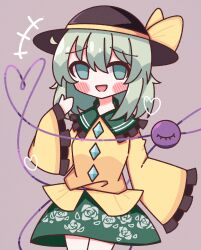 Rule 34 | 1girl, :d, absurdres, black hat, blush, blush stickers, bow, buttons, diamond button, floral print, frilled shirt collar, frilled sleeves, frills, green eyes, green hair, green skirt, hat, hat bow, heart, heart of string, highres, komeiji koishi, light green hair, long sleeves, medium hair, open mouth, rose print, shirt, simple background, skirt, sleeves past wrists, smile, solo, standing, third eye, touhou, waroemon, yellow bow, yellow shirt