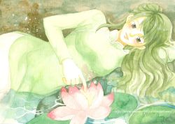 Rule 34 | 1girl, alternate hair color, axis powers hetalia, blush, breasts, brown eyes, commentary, cowboy shot, dress, english commentary, expressionless, flower, green dress, green hair, leaf, long hair, long sleeves, looking at flowers, lotus, lying, medium breasts, on side, painting (medium), pants, parted lips, pham thai chau, pointing, pollen, ripples, solo, traditional media, vietnam (hetalia), vietnamese dress, water, watercolor (medium), watermark, web address, white pants