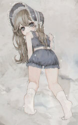 Rule 34 | 1girl, all fours, bare shoulders, bloomers, blush, bonnet, brown hair, camisole, expressionless, from behind, full body, grey background, grey bloomers, grey camisole, grey eyes, highres, holding, holding clothes, holding panties, holding underwear, long hair, looking at viewer, looking back, original, panties, socks, solo, sparkle, tomoja rs, underwear, white panties, white socks
