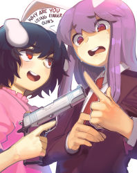 Rule 34 | 2girls, :d, animal ears, artist name, black hair, black jacket, blush, boa (brianoa), carrot necklace, commentary request, dress, english text, finger gun, flat chest, floppy ears, frills, gun, hair between eyes, handgun, highres, holding, holding gun, holding weapon, inaba tewi, jacket, jewelry, long sleeves, looking at another, multiple girls, necklace, necktie, nervous, open mouth, outline, pink dress, pistol, purple hair, rabbit ears, red eyes, red neckwear, reisen udongein inaba, round teeth, sanpaku, scared, short hair, simple background, smile, sweat, teeth, touhou, upper body, upper teeth only, weapon, white background, white outline, wing collar