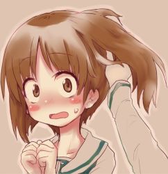 Rule 34 | 10s, 1girl, blouse, blush, brown eyes, brown hair, commentary, frown, girls und panzer, hand in another&#039;s hair, looking at viewer, monolith (suibou souko), nishizumi miho, ooarai school uniform, open mouth, portrait, pov, school uniform, serafuku, shirt, short hair, solo focus, sweatdrop, white shirt
