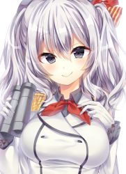Rule 34 | 10s, 1girl, binoculars, blush, bow, breasts, female focus, gloves, grey eyes, hair bow, hair ornament, highres, holding, holding binoculars, kantai collection, kashima (kancolle), large breasts, long sleeves, looking at viewer, medium hair, ntk (7t5), red bow, silver hair, simple background, smile, solo, white background, white gloves