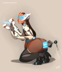 Rule 34 | 1girl, anal, anal object insertion, ass, bad id, bad pixiv id, black hair, blue-tinted eyewear, cleft of venus, dark-skinned female, dark skin, gun, headgear, kneeling, large insertion, long hair, looking back, mechanical arms, object insertion, overwatch, overwatch 1, parted lips, pussy, sex toy, simple background, single mechanical arm, sinner! (sillygirl), solo, symmetra (overwatch), the sinner gate, thighhighs, tinted eyewear, uncensored, visor, weapon, yellow eyes