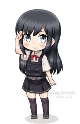 Rule 34 | 1girl, adapted costume, asashio (kancolle), belt, black hair, black thighhighs, chibi, dated, dress, full body, grey eyes, kantai collection, long hair, looking at viewer, masara (chuujou), pinafore dress, salute, short sleeves, simple background, sleeveless, sleeveless dress, solo, thigh strap, thighhighs, twitter username, white background