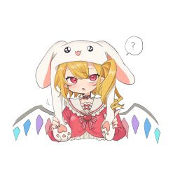 Rule 34 | 1girl, :3, :o, ?, absurdres, animal ears, animal hood, blonde hair, brooch, choker, commentary request, crystal, dress, ears down, female focus, fingernails, flandre scarlet, frilled dress, frills, hair between eyes, heart, highres, hood, jewelry, looking at viewer, medium hair, nail polish, neckerchief, one side up, pointy ears, rabbit ears, rabbit hood, red choker, red dress, red eyes, red nails, semimaru (user zzuy5884), simple background, solo, touhou, upper body, white background, wings