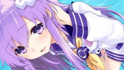 Rule 34 | blue background, breasts, collar, hair ornament, hairclip, happy, iwashi dorobou -r-, long hair, nepgear, neptune (series), open mouth, panties, purple eyes, purple hair, ribbon, shirt, simple background, small breasts, striped clothes, striped panties, underwear