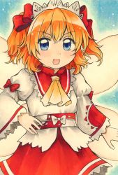 Rule 34 | 1girl, blue eyes, bow, collared shirt, commentary request, fairy, fairy wings, frilled sleeves, frills, hand on own hip, headdress, highres, juliet sleeves, long sleeves, maa (forsythia1729), marker (medium), obi, open mouth, orange hair, puffy sleeves, red bow, red sash, red skirt, sash, shirt, skirt, sun print, sunny milk, touhou, traditional media, twintails, two side up, v-shaped eyebrows, white bow, white sash, white shirt, wide sleeves, wings