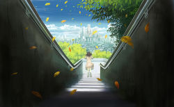 Rule 34 | 1girl, bad id, bad pixiv id, black hair, boots, city, day, dress, female focus, leaf, nature, outdoors, scenery, short hair, skirt, sky, solo, stairs, sumashi, tree, wind