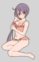 Rule 34 | 1girl, ahoge, akebono (kancolle), alternate breast size, bell, blush, breast hold, breasts, frills, grey background, hair bell, hair ornament, hand in own hair, kantai collection, long hair, simple background, solo, v-shaped eyebrows, very long hair, yuki to hana