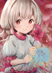 Rule 34 | 1girl, absurdres, animal, brown eyes, closed mouth, dress, ebisu eika, frilled sleeves, frills, grey dress, highres, holding, holding pinwheel, jellyfish, long earlobes, long hair, mouryou (chimimouryou), pinwheel, puffy short sleeves, puffy sleeves, redrawn, short sleeves, smile, solo, touhou, white hair
