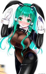 Rule 34 | 1girl, afterimage, alternate costume, animal ears, artist name, black bow, bodysuit, bow, bowtie, breasts, cowboy shot, dated, fake animal ears, fake tail, frog hair ornament, gloves, green eyes, green hair, hair between eyes, hair censor, hair ornament, hair over breasts, hair tubes, highres, kochiya sanae, large breasts, long hair, long sleeves, meme attire, pyonta, rabbit ears, rabbit pose, rabbit tail, reverse bunnysuit, reverse outfit, see-through, sidelocks, simple background, snake hair ornament, solo, tail, touhou, white background, white gloves, yamaguchi yuu