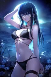 Rule 34 | 1girl, absurdres, arm up, bikini, black bikini, blue archive, blue eyes, blue hair, breasts, cowboy shot, fireflies, flower, highres, large breasts, light particles, long hair, looking at viewer, moon, moonlight, navel, night, night sky, ocean, parted lips, saori (blue archive), saya kuroha, sky, solo, stomach, swimsuit, thigh strap, water, white flower