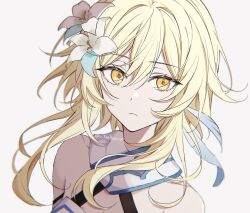 Rule 34 | 1girl, blonde hair, closed mouth, dress, feather hair ornament, feathers, flower, genshin impact, hair between eyes, hair flower, hair ornament, highres, lily (flower), looking at viewer, lumine (genshin impact), seina1211, short hair, short hair with long locks, sidelocks, simple background, sleeveless, sleeveless dress, solo, twitter username, upper body, white dress, white flower, yellow eyes