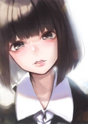 Rule 34 | 1girl, absurdres, black eyes, black hair, black shirt, bob cut, collared shirt, commentary request, doku-chan (dokkudokudoku), head tilt, highres, lips, looking at viewer, original, parted lips, portrait, shirt, short hair, simple background, solo, teeth, white background, wing collar