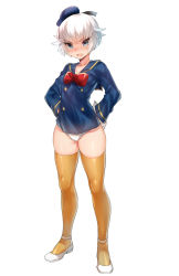 Rule 34 | 1girl, blue eyes, blush, bow, bowtie, disney, donald duck, dress, full body, genderswap, genderswap (mtf), hat, naso4, no pants, open mouth, panties, personification, red bow, red bowtie, sailor dress, shoes, short hair, simple background, solo, standing, tail, thighhighs, underwear, white background, white footwear, white hair, white panties