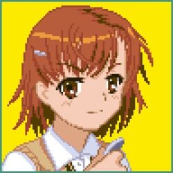 Rule 34 | 1girl, border, brown eyes, brown hair, brown sweater, brown sweater vest, brown vest, closed mouth, coin, collared shirt, commentary request, green border, hand up, holding, holding coin, jx7d-kjm, light smile, looking at viewer, lowres, medium bangs, medium hair, misaka mikoto, partial commentary, pixel art, portrait, school uniform, shirt, simple background, sleeveless, sleeveless sweater, solo, summer uniform, sweater, sweater vest, toaru kagaku no railgun, toaru majutsu no index, tokiwadai school uniform, v-shaped eyebrows, vest, white shirt, yellow background