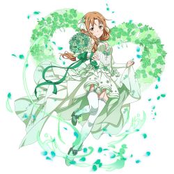 Rule 34 | 1girl, alternate hairstyle, asuna (sao), braid, braided ponytail, breasts, brown eyes, brown hair, cleavage, closed mouth, detached sleeves, dress, floating hair, full body, garter straps, green dress, green footwear, green ribbon, green sleeves, hair intakes, hair over shoulder, highres, layered dress, long dress, long hair, long sleeves, looking at viewer, medium breasts, ponytail, ribbon, skirt hold, sleeveless, sleeveless dress, smile, solo, sword art online, sword art online: memory defrag, thighhighs, transparent background, very long hair, white thighhighs